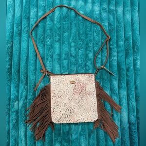 Justin Boots Brown and Cream Tooled Fringe Crossbody